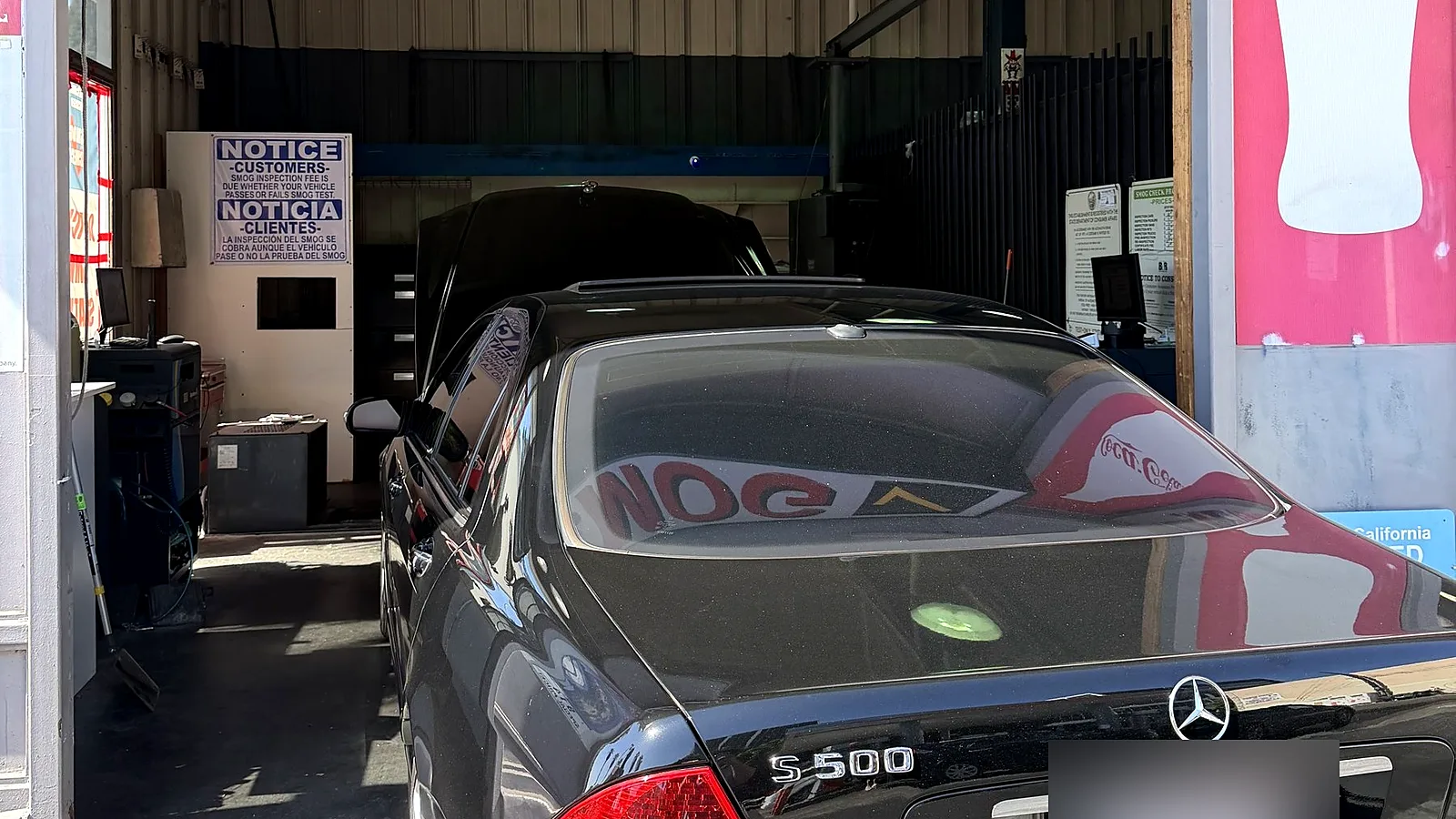 STAR smog check in Los Angeles, CA: Mercedes-Benz S500 pulled into our test lane